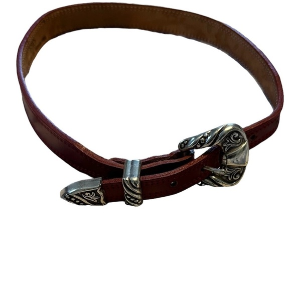 Nocona Belt Leather Red Western with Silver Hardware Size 21” - 24 1/2” - Picture 3 of 8